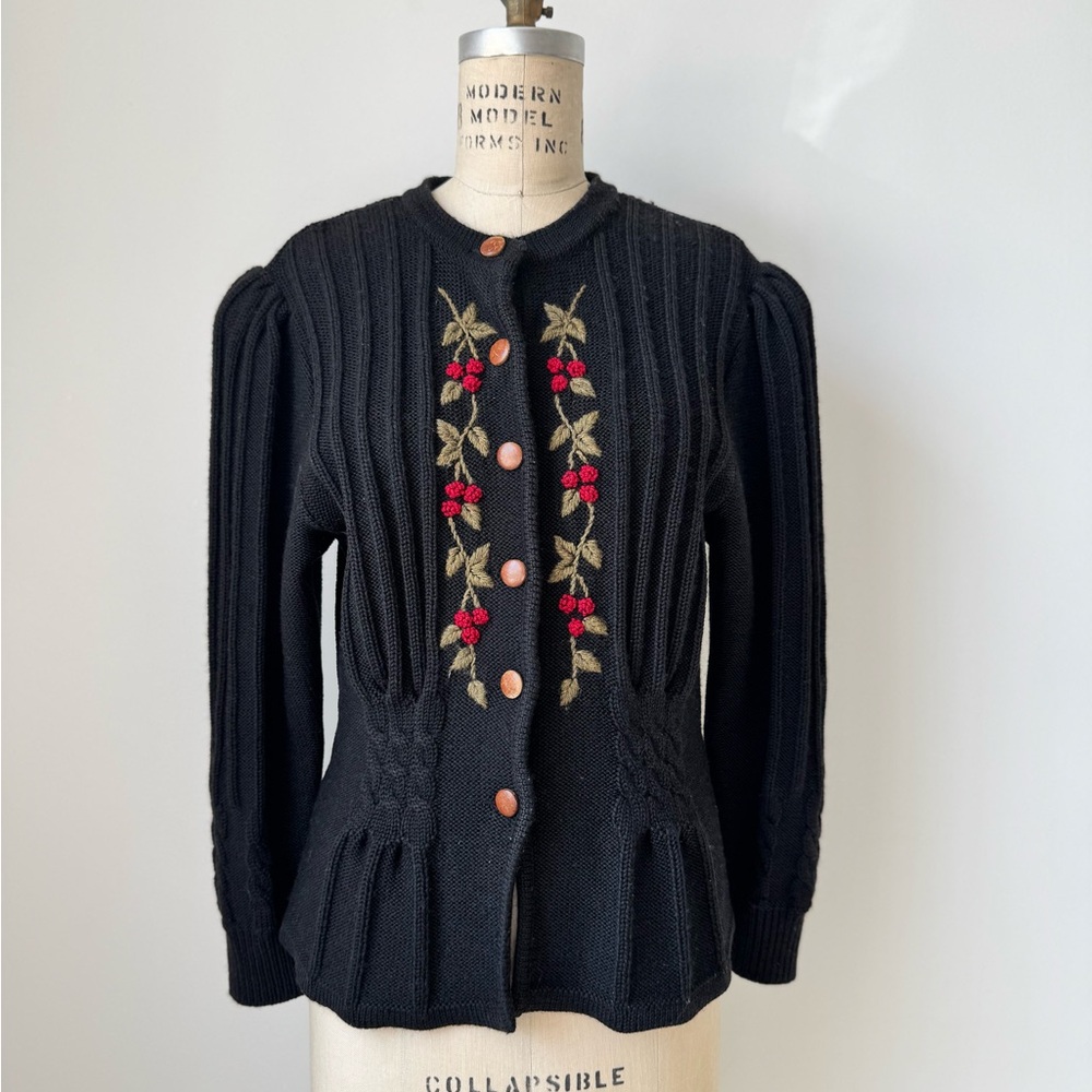 Vintage Black Embroidered Button-Front Peplum Wool Sweater L